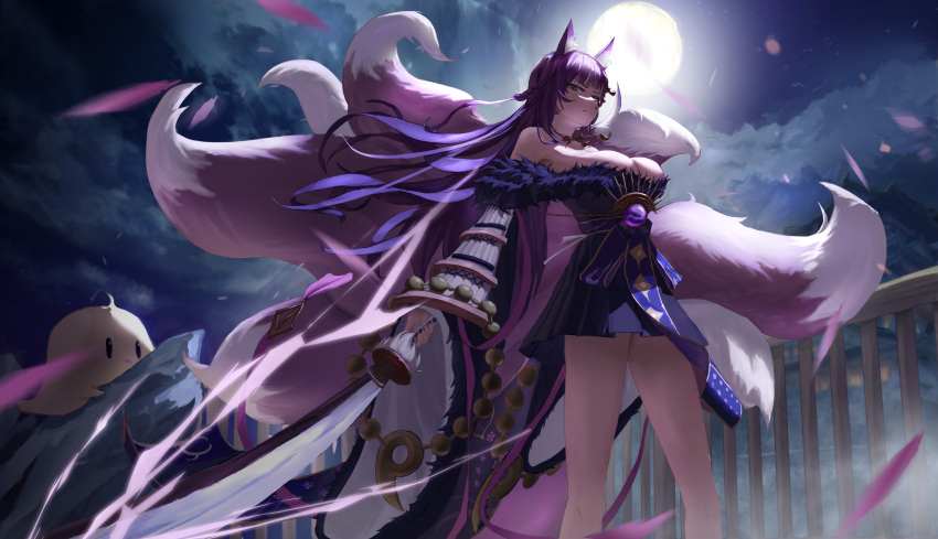 1girl absurdres animal_ear_fluff animal_ears azur_lane bangs bare_shoulders breasts carrot-jam fox_ears fox_girl fox_tail full_moon fur_trim glaring highres holding holding_sword holding_weapon large_breasts long_hair looking_at_viewer manjuu_(azur_lane) moon multiple_tails musashi_(azur_lane) simple_background solo sword tail weapon