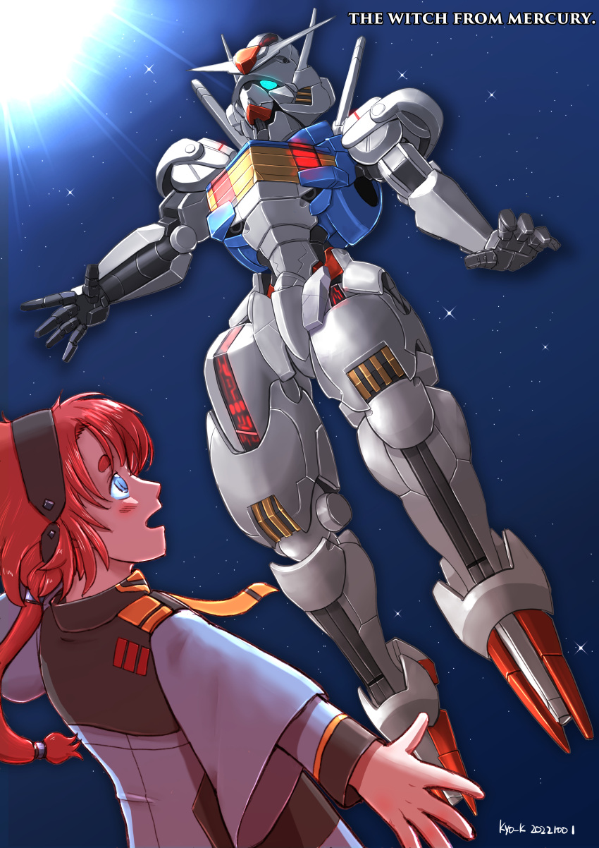 1girl absurdres artist_name bangs black_hairband blue_eyes blush commentary copyright_name dark-skinned_female dark_skin dated english_text gundam gundam_aerial gundam_suisei_no_majo hairband highres kyo_k long_hair low-tied_long_hair low_ponytail mecha mobile_suit redhead robot sky space star_(sky) starry_sky suletta_mercury v-fin