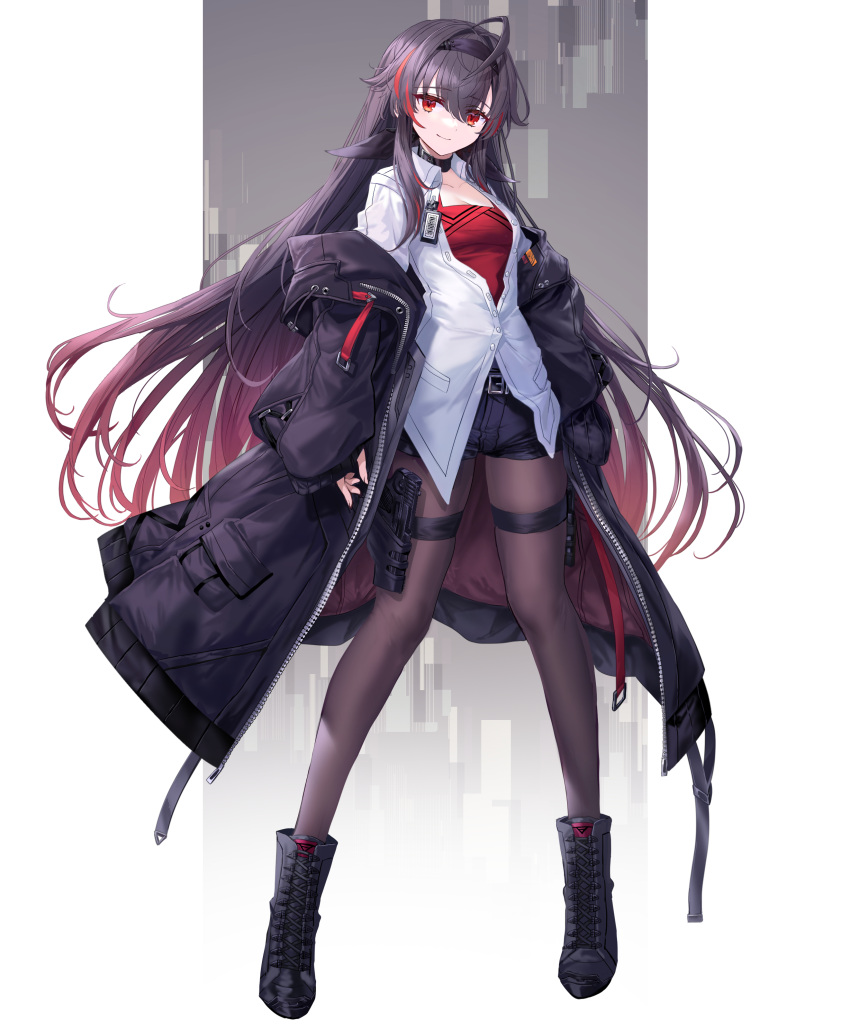 1girl absurdres ahoge bangs black_choker black_coat black_footwear black_hairband black_pantyhose black_shorts brown_hair choker closed_mouth clothes_down coat collarbone collared_jacket floating_hair full_body gradient_hair gun hair_between_eyes hair_intakes hairband handgun highres holster jacket legwear_under_shorts long_hair looking_at_viewer multicolored_hair open_clothes open_coat open_jacket original pantyhose partially_unbuttoned red_eyes red_shirt redhead shichigatsu shiny shiny_hair shirt short_shorts shorts smile solo standing thigh_holster very_long_hair weapon white_jacket wing_collar