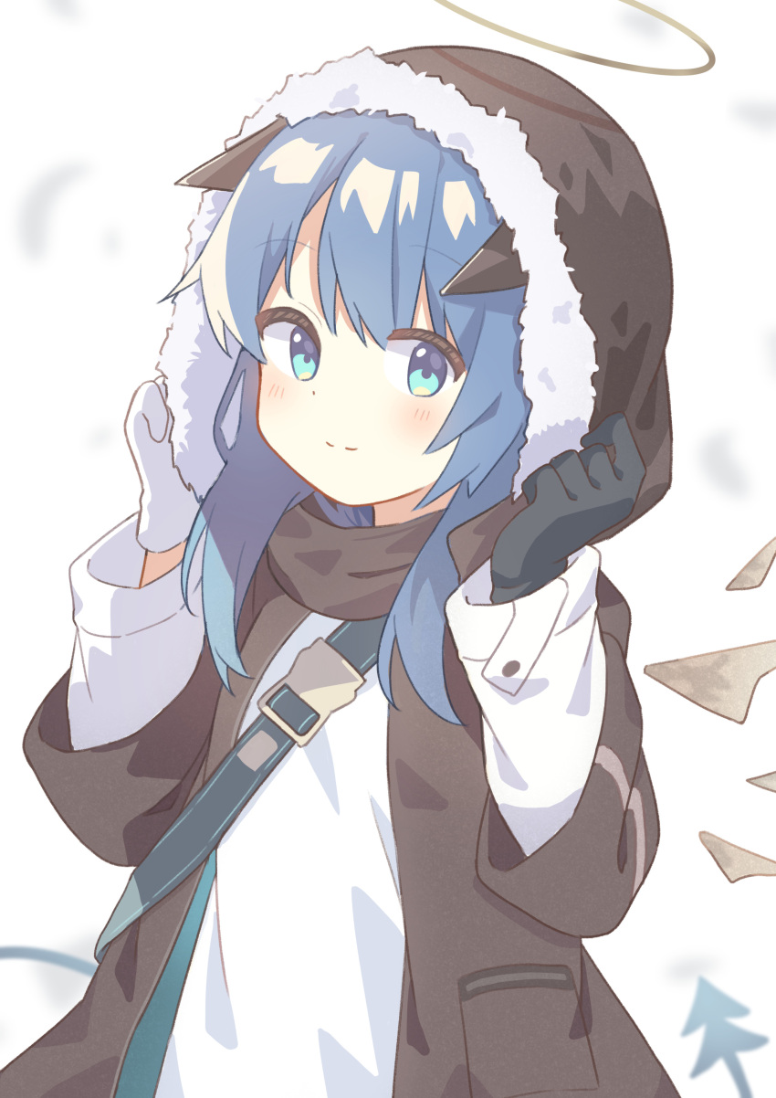 1girl absurdres arknights bangs black_jacket blue_eyes blue_hair closed_mouth commentary_request demon_horns detached_wings energy_wings fur-trimmed_jacket fur_trim gloves halo highres hood hood_up horns jacket long_hair long_sleeves looking_at_viewer mostima_(arknights) open_clothes open_jacket ryoku_sui scarf shirt smile solo white_shirt wings