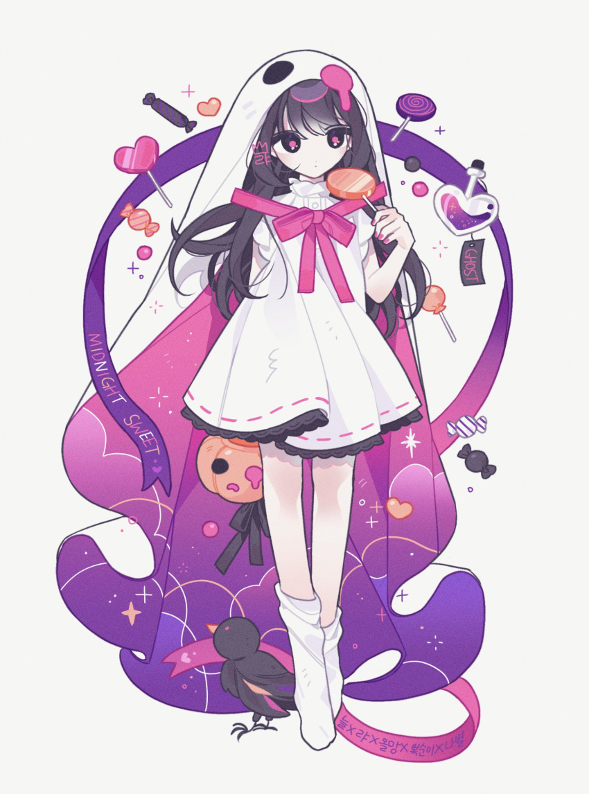 1girl bird black_eyes black_hair candy candy_wrapper commentary crow dress flask food full_body ghost_costume gradient_veil halloween heart heart-shaped_flask highres holding holding_candy holding_food holding_lollipop jack-o'-lantern lia_s2 lollipop loose_socks original pink_ribbon potion ribbon ribbon-trimmed_dress scar scar_on_face short_sleeves simple_background socks solo two-sided_fabric two-sided_veil veil white_background white_dress white_socks