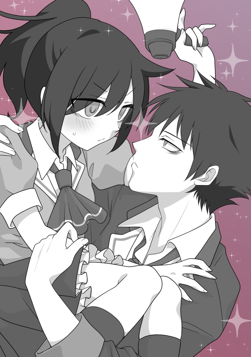 1boy 1girl arm_up ascot bags_under_eyes bangs blush brother_and_sister carrying closed_mouth collared_shirt commentary eye_contact from_side greyscale_with_colored_background hand_on_another's_shoulder highres hikaru_(ofuton_at5) holding holding_megaphone jacket kneehighs kuroki_tomoki kuroki_tomoko long_hair looking_at_another megaphone necktie pleated_skirt ponytail princess_carry puffy_short_sleeves puffy_sleeves purple_background shirt short_hair short_sleeves siblings sidelocks simple_background skirt socks sparkle sparkle_background sweat symbol-only_commentary watashi_ga_motenai_no_wa_dou_kangaetemo_omaera_ga_warui!