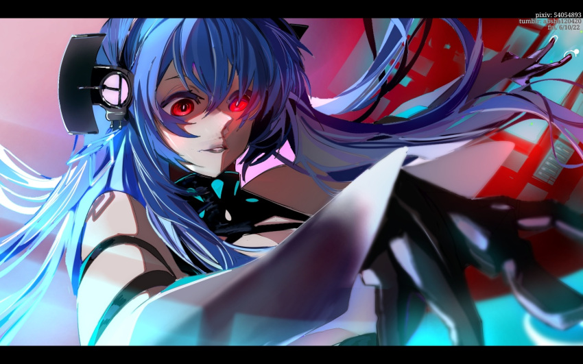 1126 1girl azur_lane bare_shoulders black_gloves blue_hair detached_sleeves floating_hair gloves glowing glowing_eye headgear helena_(azur_lane) helena_(meta)_(azur_lane) highres long_hair outstretched_arm red_eyes solo upper_body very_long_hair