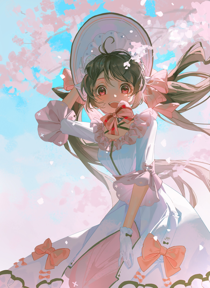 1girl 7pzhxtsy :d absurdres ambience_synesthesia antenna_hair arknights bonnet bow bowtie breasts brown_hair cherry_blossoms day dress eyjafjalla_(arknights) gloves hand_on_headwear hand_up highres long_hair looking_at_viewer official_alternate_costume open_mouth outdoors pink_bow pink_bowtie red_eyes small_breasts smile solo teeth twintails upper_teeth very_long_hair white_dress white_gloves white_headwear