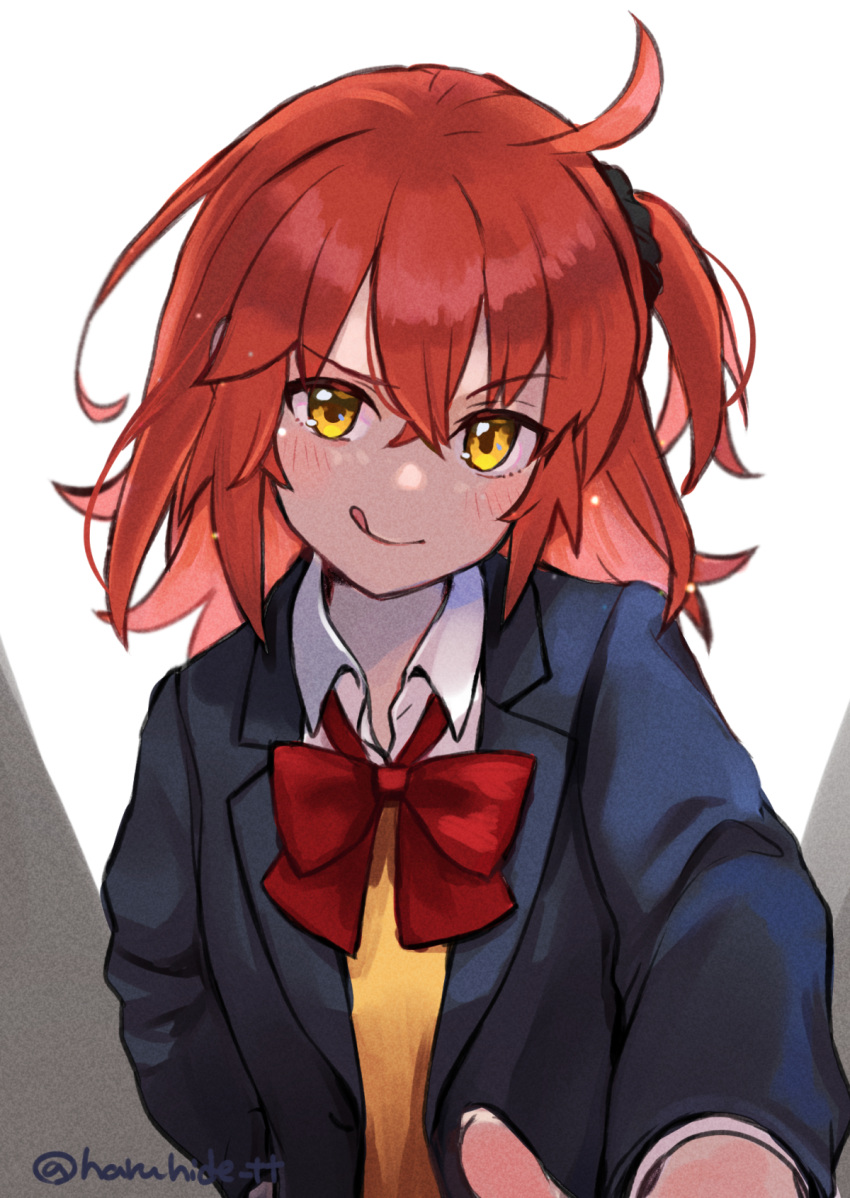 1girl :q ahoge alternate_costume bangs black_jacket blush bow bowtie collared_shirt commentary_request fate/grand_order fate_(series) formal fujimaru_ritsuka_(female) hair_between_eyes hair_ornament hair_scrunchie hand_on_hip highres jacket long_sleeves looking_at_viewer matsui_haru medium_hair one_side_up orange_hair red_bow red_bowtie school_uniform scrunchie shirt side_ponytail simple_background solo tongue tongue_out twitter_username upper_body yellow_eyes yellow_shirt