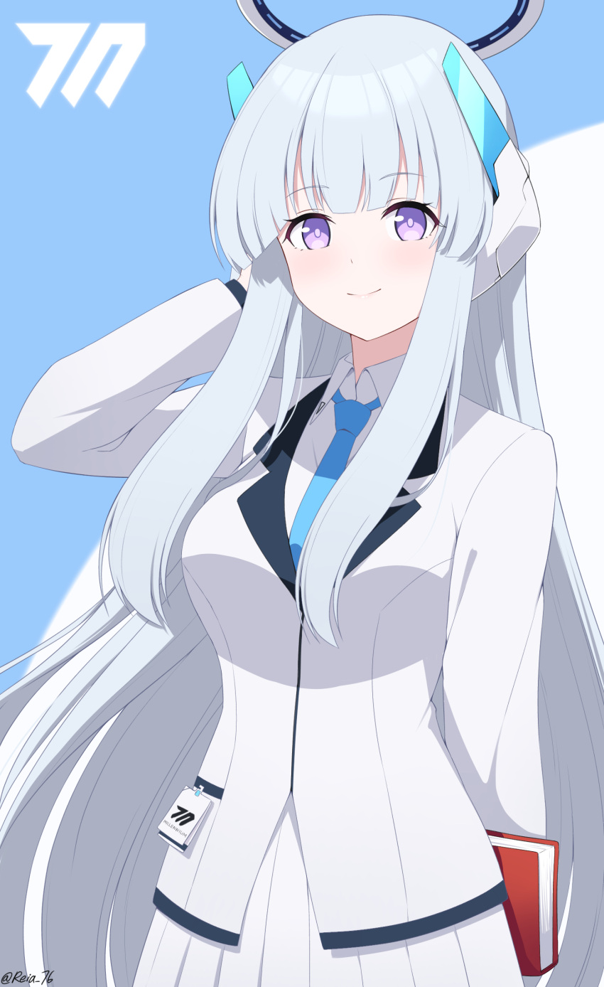 1girl absurdres blue_archive blue_background book breasts emblem grey_hair halo highres id_card long_hair looking_at_viewer medium_breasts noa_(blue_archive) reia_76 simple_background smile solo uniform violet_eyes