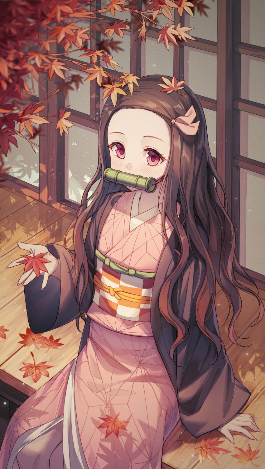 1girl absurdres autumn autumn_leaves bamboo bit_gag blush bow brown_hair checkered_sash flat_chest forehead gag gagged gradient_hair hair_bow hand_up haori highres holding holding_leaf japanese_clothes kamado_nezuko kimetsu_no_yaiba kimono leaf long_hair long_sleeves looking_at_viewer maple_leaf mouth_hold multicolored_hair obi pink_bow pink_eyes pink_kimono ppi44 print_kimono redhead sash sitting solo two-tone_hair very_long_hair