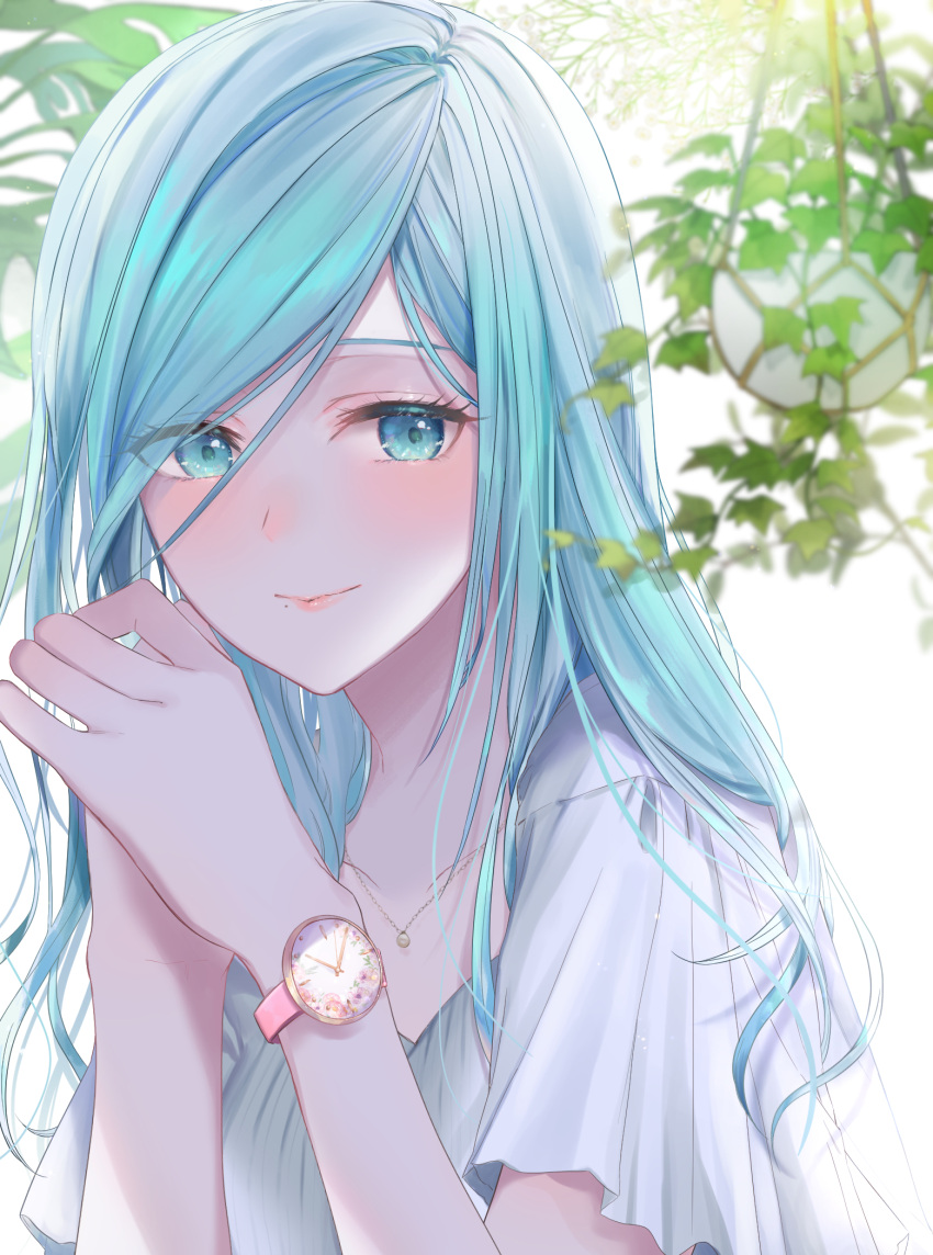 1girl bangs blue_eyes blue_hair closed_mouth collarbone hair_between_eyes highres hinomori_shizuku jewelry long_hair looking_at_viewer mairu003 mole mole_under_mouth necklace project_sekai smile solo straight_hair upper_body watch watch