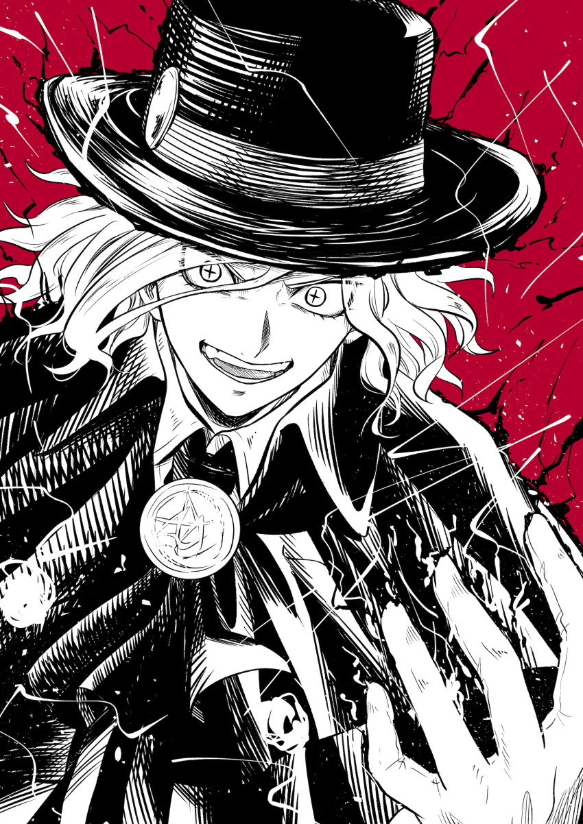 1boy :d absurdres ascot bangs cape collared_cape collared_shirt cross-shaped_pupils edmond_dantes_(fate) energy fate/grand_order fate_(series) fedora gloves greyscale greyscale_with_colored_background hand_up hat highres looking_at_viewer male_focus medium_hair monochrome parted_bangs red_background shirt smile solo teeth upper_body v-shaped_eyebrows wavy_hair yoi_(207342)