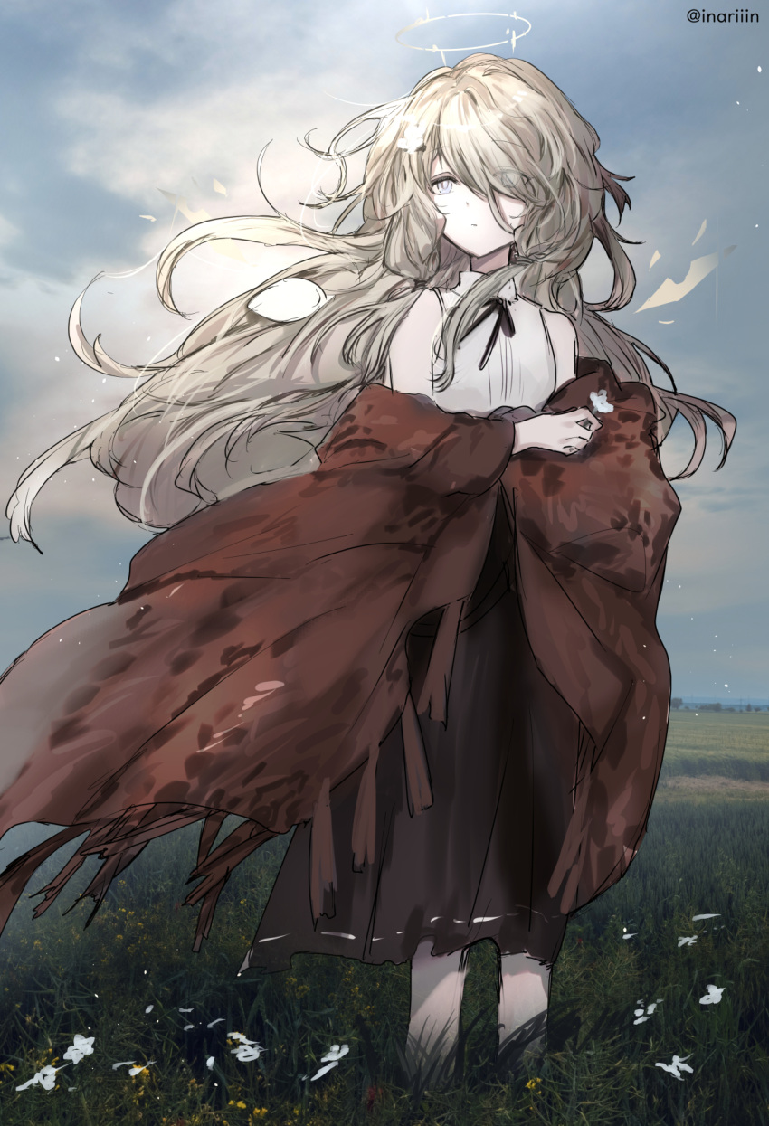 1girl arknights bangs black_ribbon black_skirt brown_shawl cecelia_(arknights) commentary_request field flower grey_eyes grey_hair hair_ornament halo highres holding holding_flower inariiin long_hair looking_away neck_ribbon photo_background ribbon shawl shirt sidelocks skirt sleeveless sleeveless_shirt solo very_long_hair white_flower