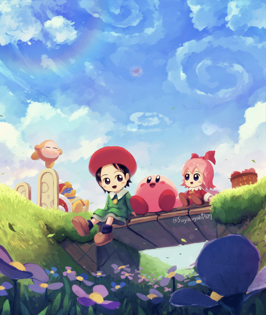 2girls absurdres adeleine basket black_hair blue_eyes blue_sky blush_stickers bridge brown_eyes closed_eyes fairy flower grass highres king_dedede kirby kirby_(series) kirby_64 looking_at_another multiple_girls pink_hair red_headwear ribbon_(kirby) ripple_star sky smile smock suyasuyabi waddle_dee