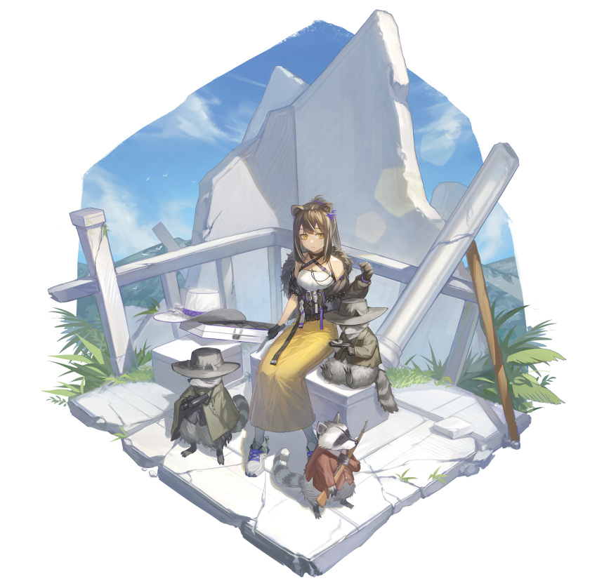 1girl absurdres animal animal_ears arknights bangs black_gloves brown_hair closed_mouth commentary_request expressionless full_body gloves highres long_hair long_skirt raccoon raccoon_ears raccoon_girl robin_(arknights) shoes sitting skirt sneakers solo white_footwear yellow_eyes yellow_skirt yidie