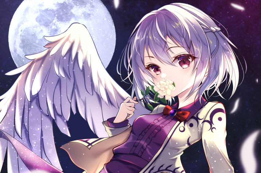 1girl blush braid dress feathered_wings flower full_moon grey_hair hair_between_eyes highres holding holding_flower jacket kishin_sagume long_sleeves moon open_clothes open_jacket purple_dress red_eyes short_hair single_wing solo touhou upper_body white_flower white_jacket white_wings wings yamanakaume