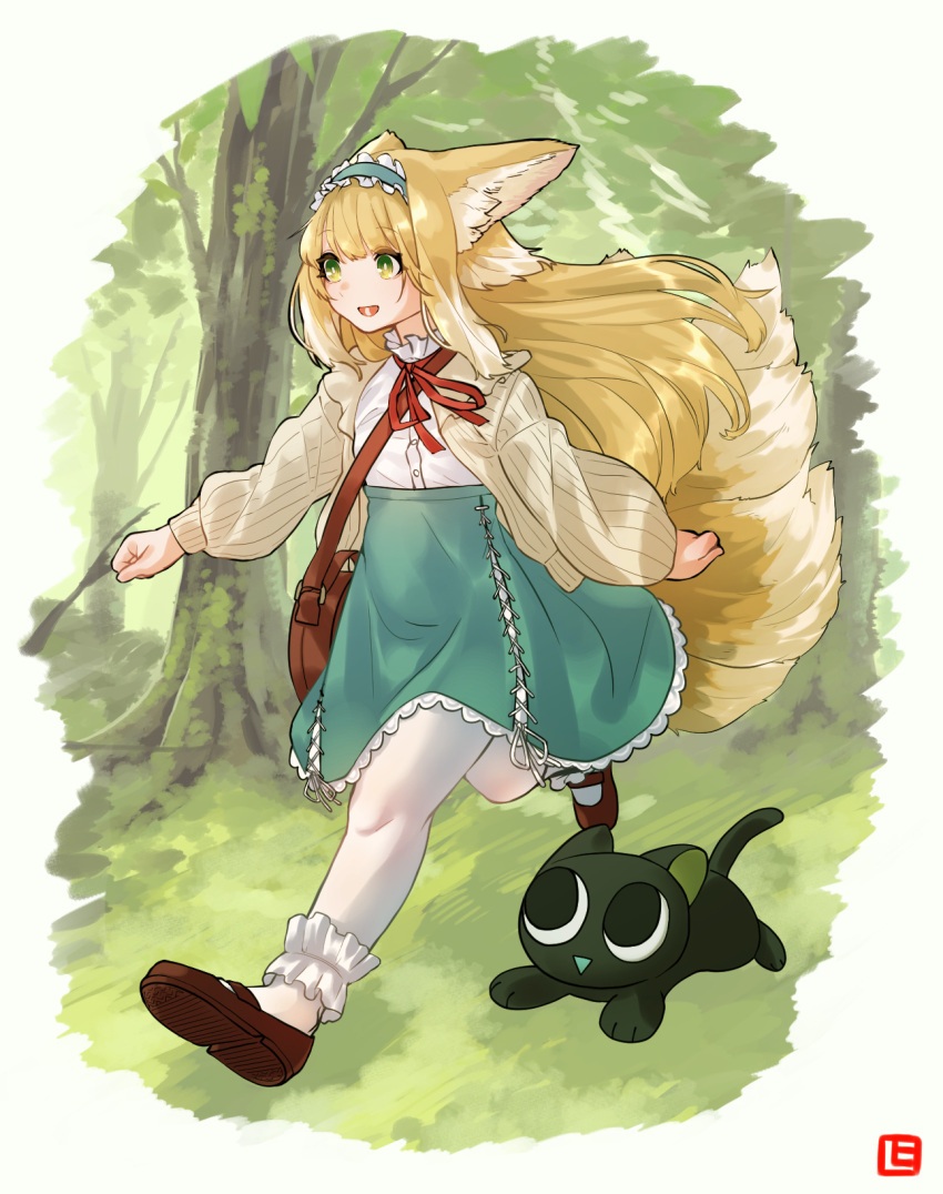 1girl :d animal_ears ankle_cuffs arknights black_cat blonde_hair blue_hairband brown_footwear cardigan cat forest fox_ears fox_girl fox_tail frilled_hairband frills grass green_eyes hair_down hairband highres kitsune long_hair luoxiaohei multiple_tails nature neck_ribbon official_alternate_costume open_cardigan open_clothes open_mouth outdoors pantyhose red_ribbon ribbon running shima_(wideshi_ma) shoes smile solo suzuran_(arknights) suzuran_(spring_praise)_(arknights) tail the_legend_of_luo_xiaohei tree triangle_mouth white_pantyhose yellow_cardigan