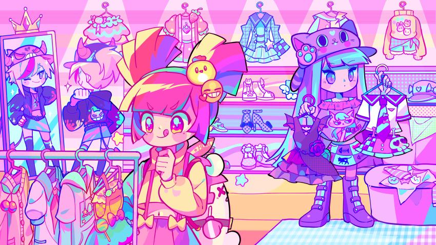3girls :q ;) absurdres animal_hat animal_print b611-planet bangs black_headwear black_jacket black_thighhighs blonde_hair blue_hair blue_hairband blue_skirt blunt_bangs blush boots burou_(muse_dash) cat_hat cat_print chinese_commentary closed_mouth clothes_shop commentary_request demon_tail dress fake_horns fake_tail hairband hat high_heels highres holding holding_clothes hood hood_down horns indoors jacket long_hair long_sleeves looking_at_object marija_(muse_dash) mirror multicolored_hair multiple_girls muse_dash official_art ola_(muse_dash) one_eye_closed open_clothes open_jacket pink_eyes pink_hair pink_skirt ponytail purple_dress purple_footwear purple_headwear purple_shirt purple_skirt redhead rin_(muse_dash) shelf shirt short_twintails skirt smile smiley_face sparkle streaked_hair tail thigh-highs tongue tongue_out turtleneck twintails two-tone_hair v-shaped_eyebrows very_long_hair violet_eyes white_shirt yellow_shirt