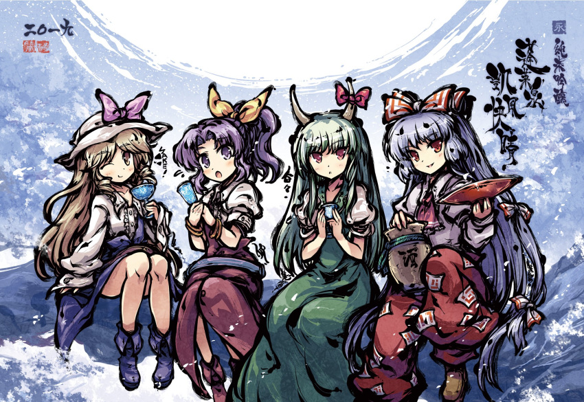 4girls :o ;) blonde_hair blue_dress blue_footwear bow brown_eyes brown_footwear closed_mouth cup dress drinking_glass ex-keine fujiwara_no_mokou full_body gourd green_dress green_hair hair_bow hair_ribbon hat hat_bow highres holding holding_cup horn_bow horn_ornament horns kamishirasawa_keine long_hair long_sleeves looking_at_viewer medium_hair multiple_bows multiple_girls ofuda ofuda_on_clothes one_eye_closed open_mouth pants ponytail puffy_short_sleeves puffy_sleeves purple_bow purple_hair red_bow red_dress red_eyes red_footwear red_pants ribbon sakazuki shirt short_sleeves sitting smile suspenders tokiame touhou watatsuki_no_toyohime watatsuki_no_yorihime white_headwear white_shirt yellow_ribbon