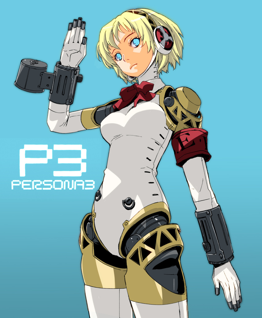 1girl aegis_(persona) android blonde_hair blue_eyes breasts closed_mouth highres joints looking_at_viewer muramasa_mikado persona persona_3 robot_joints short_hair simple_background solo weapon