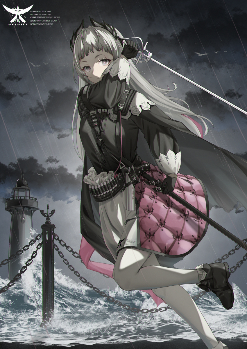 1girl absurdres ammunition_belt arknights black_dress black_footwear breasts chain clouds cloudy_sky dress fence grey_eyes grey_hair grey_sky gun handgun head_wings highres holstered_weapon irene_(arknights) lighthouse long_hair long_sleeves looking_at_viewer multicolored_clothes multicolored_dress outdoors pantyhose pink_dress rapier scabbard scar scar_across_eye sheath shoes sky small_breasts solo storm sword user_ytwm7477 water waves weapon white_dress white_pantyhose