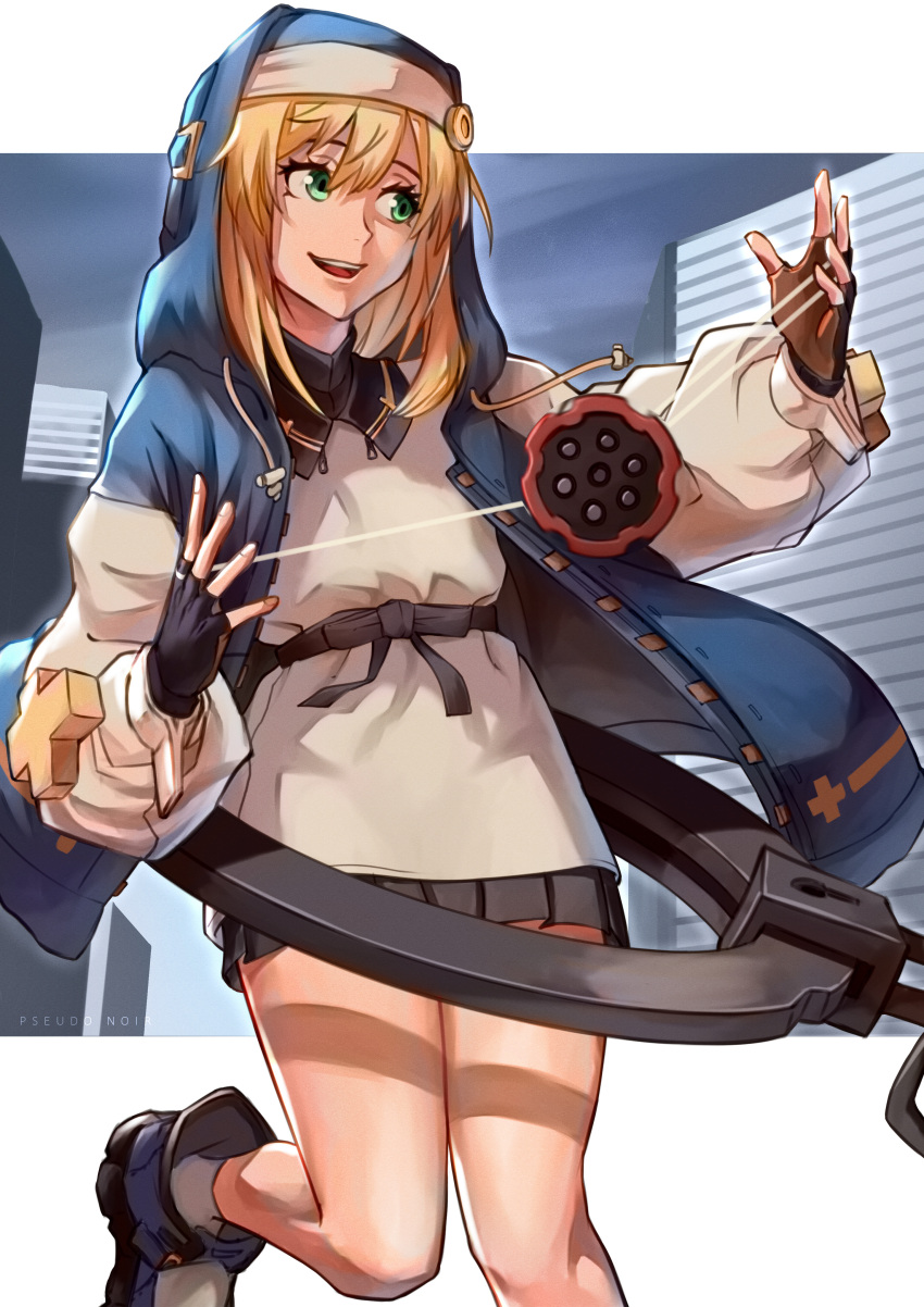 1girl :d absurdres androgyne_symbol artist_name bangs black_footwear black_gloves black_ribbon black_skirt blonde_hair blue_eyes blue_jacket bridget_(guilty_gear) collared_shirt commentary cowboy_shot cuffs fingerless_gloves gloves green_eyes guilty_gear guilty_gear_strive hair_between_eyes handcuffs hands_up highres hood hood_up hooded_jacket jacket long_hair looking_at_another miniskirt open_clothes open_jacket open_mouth pleated_skirt pseudonoir ribbon shirt shoes sidelocks skirt smile solo standing standing_on_one_leg teeth transgender underbust upper_teeth white_shirt yo-yo zipper zipper_pull_tab