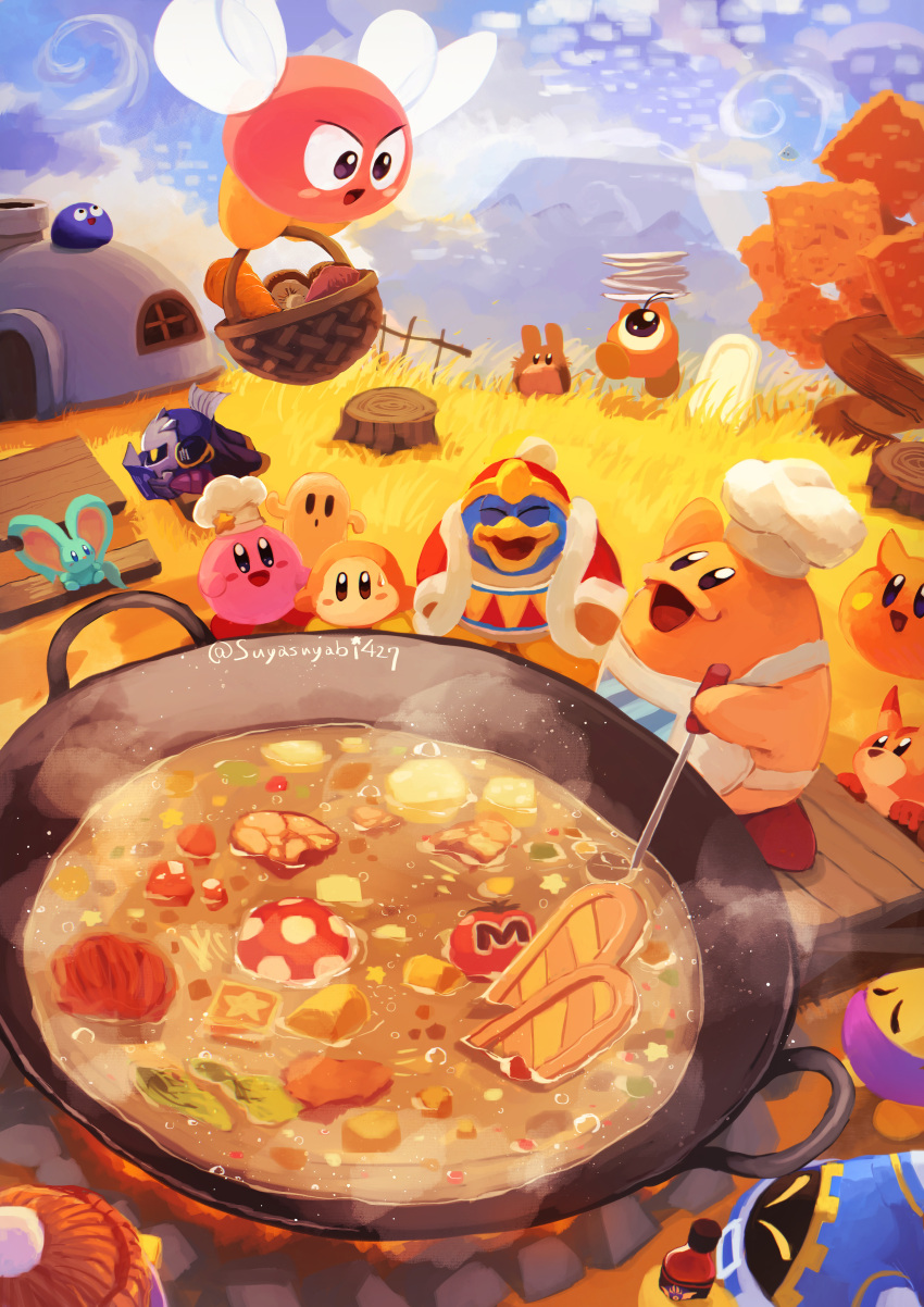 absurdres apron awoofy bronto_burt cappy_(kirby) chef_hat chef_kawasaki corori elfilin food gabon_(kirby) gooey_(kirby) grass hat highres holding holding_ladle hot_sauce king_dedede kirby kirby_(series) ladle magolor maxim_tomato meta_knight mushroom open_mouth polof scarfy signature smile soup star_block suyasuyabi sweatdrop tree_stump waddle_dee waddle_doo