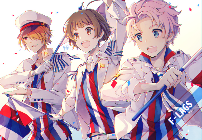 3boys ahoge akizuki_ryou belt belt_buckle blue_eyes brown_hair buckle collared_shirt f-lags_(idolmaster) fingerless_gloves fingernails flag gloves hair_over_one_eye hat holding holding_flag idolmaster idolmaster_side-m kabuto_daigo kame_(unaikodori) male_focus multiple_boys open_mouth orange_hair pink_hair sailor_hat shirt single_glove smile streamers striped striped_shirt teeth tsukumo_kazuki upper_teeth white_background white_gloves