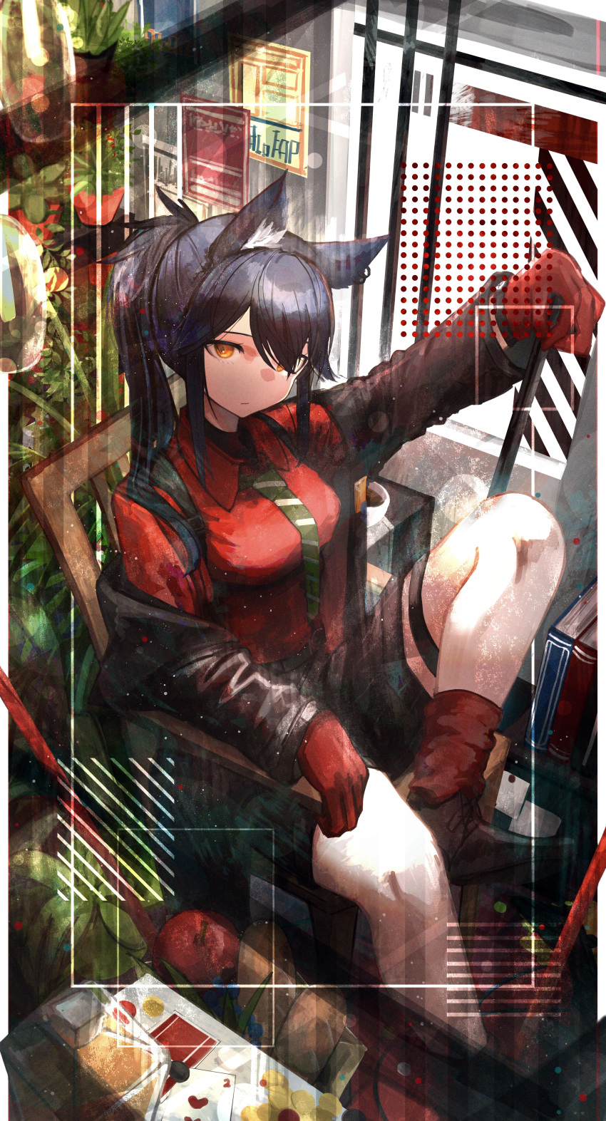 1girl a0_plnt absurdres animal_ears arknights black_hair black_jacket black_shorts collared_shirt dress_shirt gloves green_necktie highres jacket knee_up long_hair looking_at_viewer necktie off_shoulder official_alternate_costume open_clothes open_jacket orange_eyes ponytail red_gloves red_shirt red_socks shirt shorts sitting socks solo striped_necktie texas_(arknights) texas_(willpower)_(arknights) wolf_ears wolf_girl