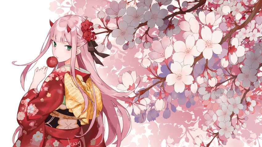 1girl assassins_(yxuk8877) back_bow bow candy_apple cherry_blossom_print darling_in_the_franxx floating_hair floral_print flower food from_behind hair_flower hair_ornament highres holding holding_food horns japanese_clothes kimono long_hair long_sleeves looking_at_viewer pink_flower pink_hair print_kimono red_flower red_kimono shiny shiny_hair solo standing very_long_hair yellow_bow yukata zero_two_(darling_in_the_franxx)