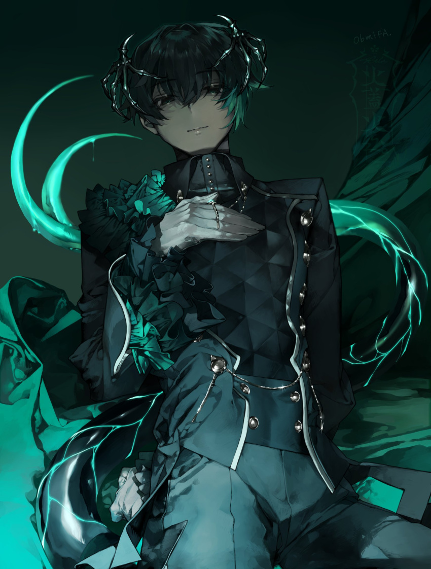 1boy barbatos_(obey_me!) black_background black_hair black_jacket black_pants closed_mouth coattails collar_chain collared_shirt cowboy_shot demon_boy frilled_sleeves frills gloves gradient gradient_background gradient_hair green_background green_eyes green_hair green_theme hair_between_eyes head_wings highres jacket kazanniro light_smile looking_at_viewer male_focus multicolored_hair obey_me!:_one_master_to_rule_them_all! pants shirt short_hair signature skeletal_wings solo tail wet_tail white_gloves wings