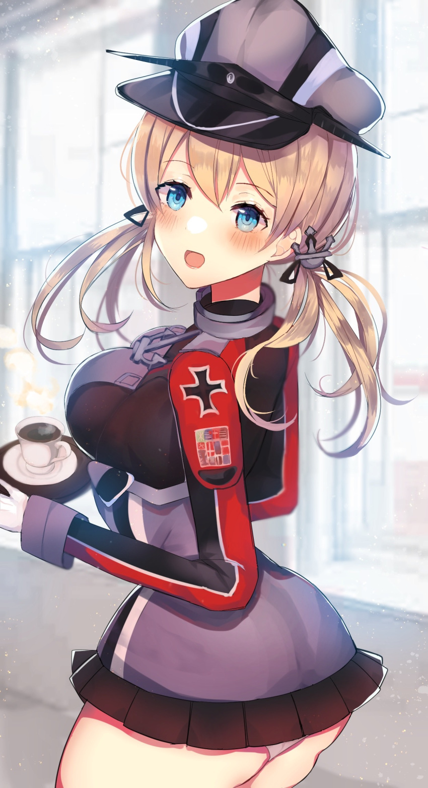 1girl anchor_hair_ornament aqua_eyes ass back black_skirt blonde_hair blush breasts coffee cross gloves hair_ornament hat highres indoors iron_cross kantai_collection long_hair long_sleeves looking_at_viewer low_twintails medium_breasts microskirt military military_hat military_uniform panties pantyshot peaked_cap pleated_skirt prinz_eugen_(kancolle) qqqmei skirt solo twintails underwear uniform white_gloves window