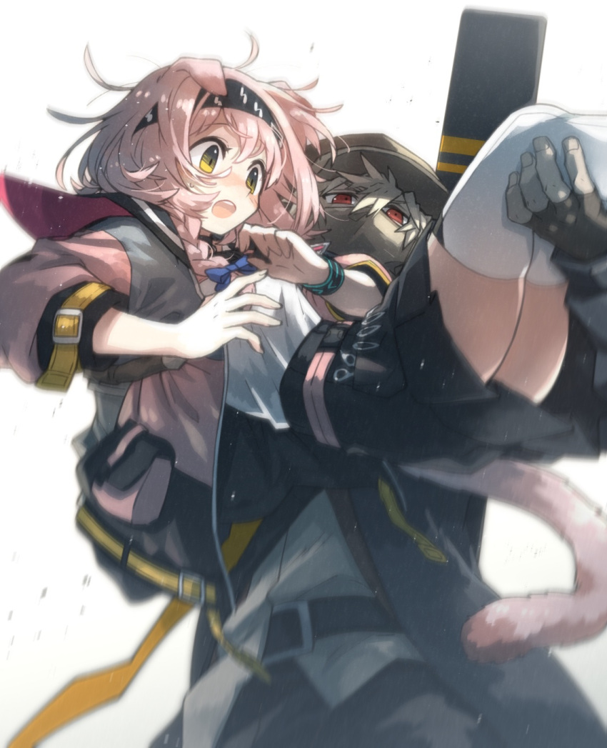 1boy 1girl animal_ears arknights black_bracelet black_gloves black_hairband black_headwear black_jacket black_skirt blue_bow bow braid cabbie_hat carrying cat_ears cat_girl cat_tail coat commentary_request fingerless_gloves floppy_ears gloves goldenglow_(arknights) grey_hair hair_bow hairband hat hateful_avenger_(arknights) high-waist_skirt highres infection_monitor_(arknights) jacket lightning_bolt_print long_sleeves morini_ochiteru open_mouth pink_coat pink_hair print_hairband red_eyes shirt side_braid simple_background skirt surprised tail thigh-highs two-tone_coat white_background white_shirt white_thighhighs yellow_eyes