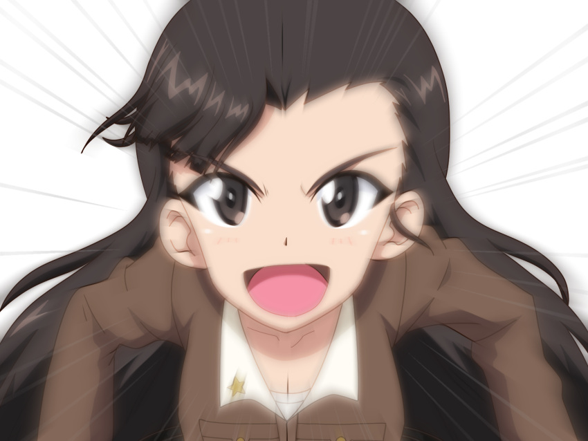 1girl :d asymmetrical_bangs bangs black_eyes black_hair brown_jacket chi-hatan_military_uniform commentary emphasis_lines girls_und_panzer gogopaint highres jacket leaning_forward long_hair long_sleeves looking_at_viewer military military_uniform nishi_kinuyo open_mouth smile solo star_(symbol) straight_hair uniform upper_body v-shaped_eyebrows