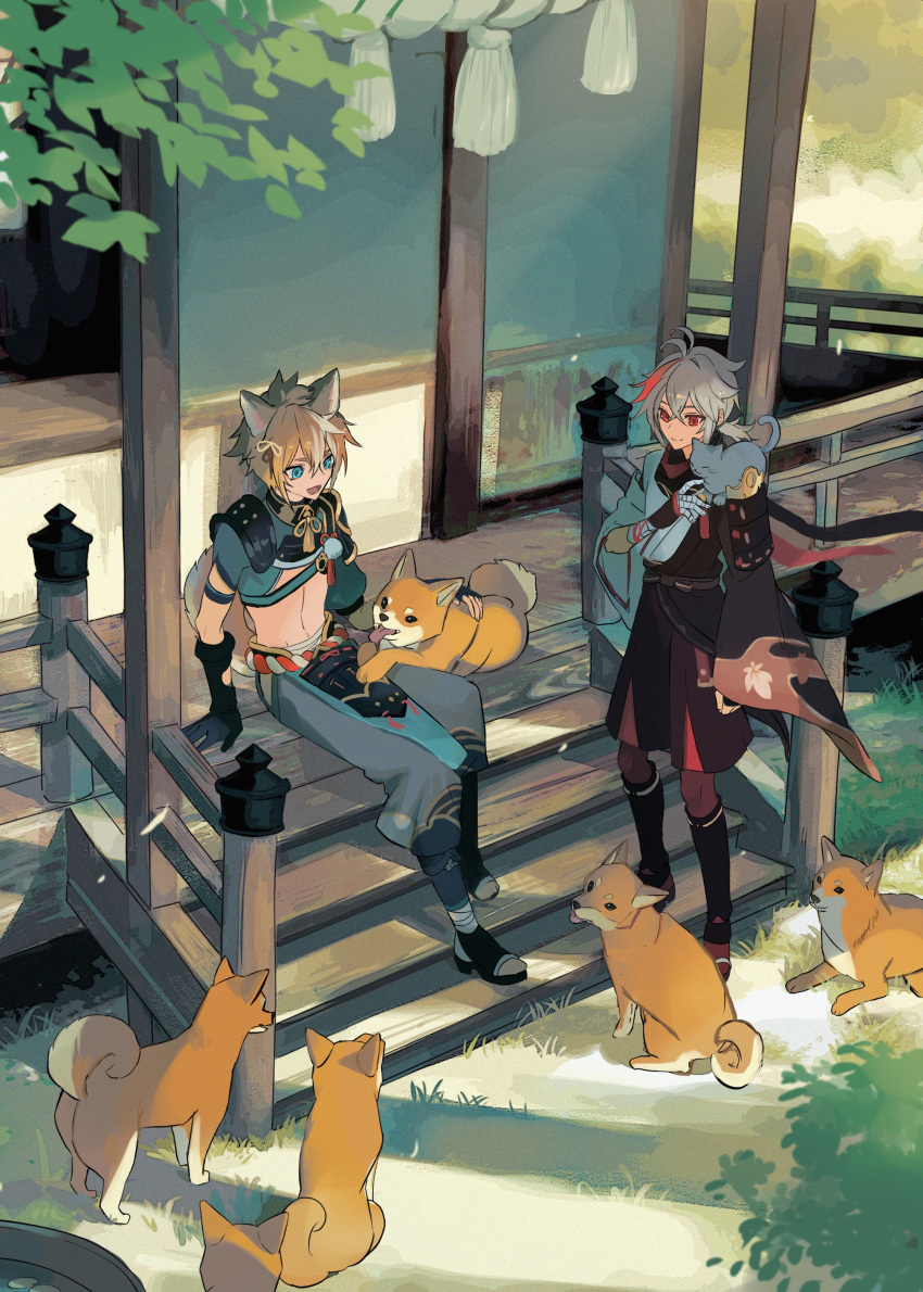 2boys absurdres animal animal_ears animal_on_shoulder aqua_eyes armor bandaged_hand bandages bangs black_gloves brown_hair c3t_gg cat cat_on_shoulder closed_mouth commentary dog dog_boy dog_ears dog_tail genshin_impact gloves gorou_(genshin_impact) grey_hair hair_ornament highres japanese_armor japanese_clothes kaedehara_kazuha leaf_print multicolored_hair multiple_boys open_mouth ponytail red_eyes redhead shiba_inu sitting stairs streaked_hair symbol-only_commentary tail
