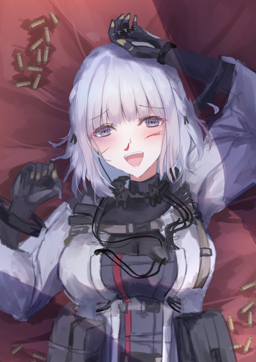 1girl absurdres bangs blood blood_on_face blush breasts commentary_request girls_frontline gloves grey_hair highres injury long_hair looking_at_viewer lying martinreaction on_back open_mouth rpk-16_(girls'_frontline) shell_casing short_hair smile solo tactical_clothes teeth upper_teeth violet_eyes