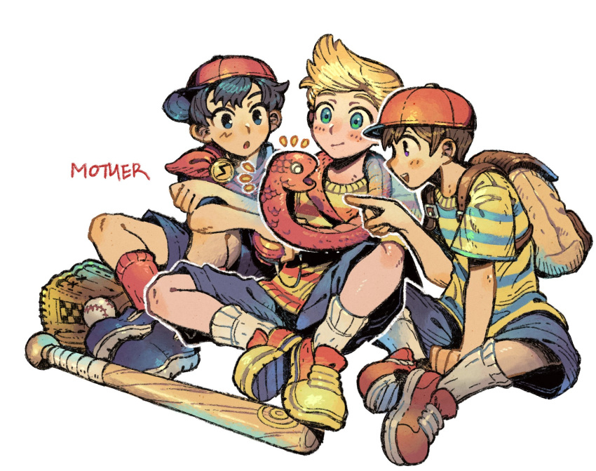 3boys 9twoeight baseball_cap black_hair blonde_hair blue_eyes blue_footwear blush closed_mouth copyright_name green_eyes hat highres looking_at_another lucas_(mother_3) mother_(game) mother_1 mother_2 mother_3 multiple_boys ness_(mother_2) ninten open_mouth red_footwear red_headwear red_socks shirt shoes short_hair short_sleeves simple_background sitting snake sneakers socks striped striped_shirt teeth upper_teeth white_background white_socks yellow_footwear