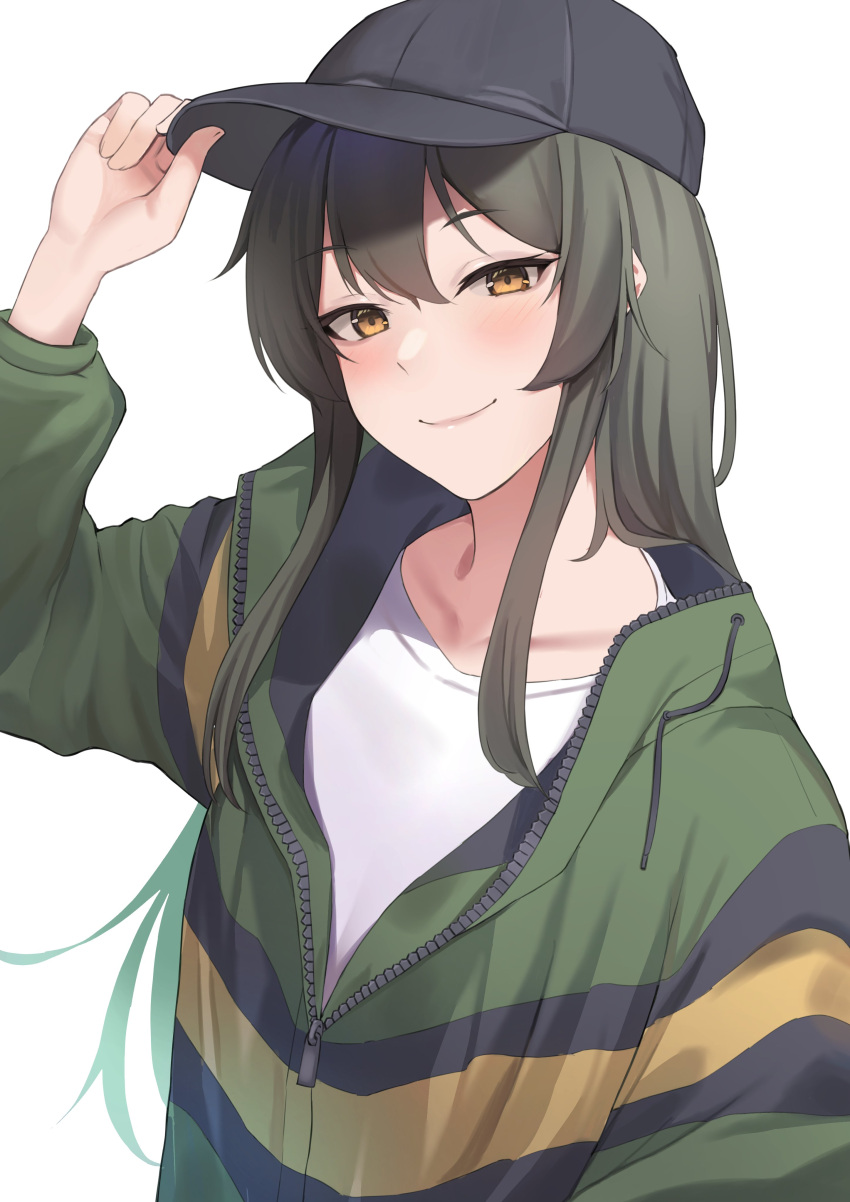 1girl absurdres baseball_cap black_headwear blush brown_eyes closed_mouth green_hair green_jacket hair_between_eyes hat highres jacket kantai_collection long_hair long_sleeves official_alternate_costume open_clothes open_jacket shirt simple_background smile solo takaman_(gaffe) upper_body white_background white_shirt zuikaku_(kancolle)