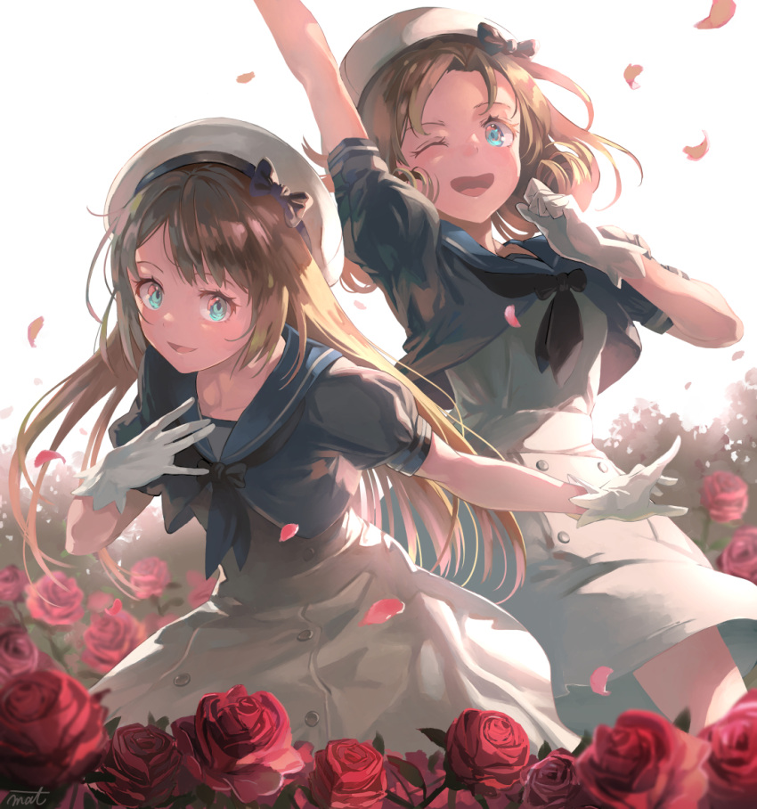 2girls arm_up artist_name blonde_hair blue_eyes blue_sailor_collar dress flower gloves hat janus_(kancolle) jervis_(kancolle) kantai_collection long_hair mat_(seiga38529) multiple_girls one_eye_closed open_mouth petals red_flower red_rose rose rose_petals sailor_collar sailor_dress sailor_hat short_hair short_sleeves signature smile white_dress white_gloves white_headwear