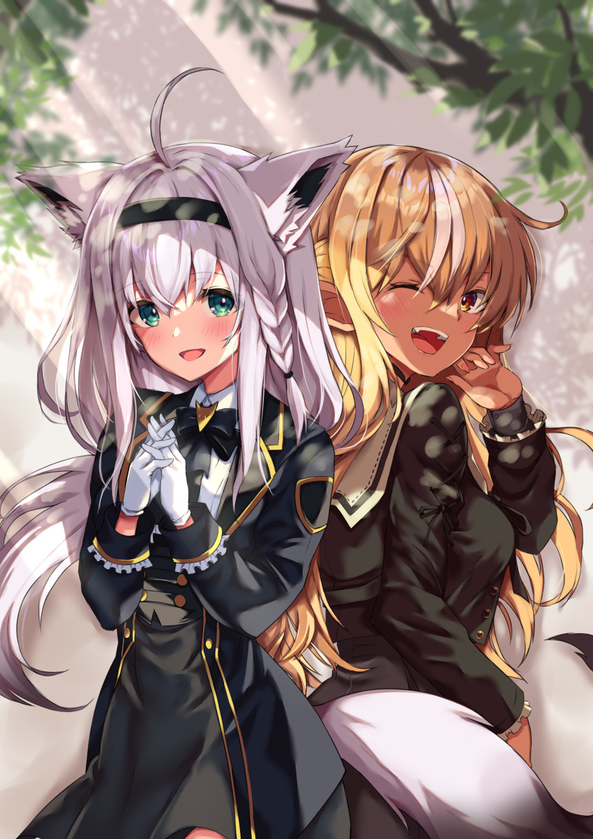 2girls absurdres ahoge animal_ear_fluff animal_ears bangs black_hairband black_shirt blonde_hair blue_jacket blurry blurry_background braid collared_shirt commentary_request corset fox_ears fox_girl fox_tail gloves green_eyes grey_skirt hair_between_eyes hairband highres hololive jacket long_hair long_skirt long_sleeves looking_at_viewer multicolored_hair multiple_girls one_eye_closed open_clothes open_jacket open_mouth own_hands_together ralf red_eyes shirakami_fubuki shiranui_flare shirt sidelocks single_braid skirt streaked_hair tail virtual_youtuber white_gloves white_hair white_shirt