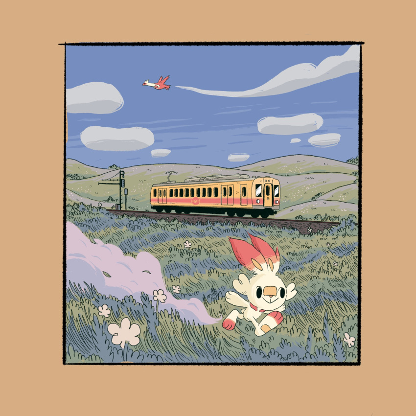 animal_ears clouds cloudy_sky dragon dragon_girl field flower furry grass ground_vehicle happy highres hill latias pokemon pokemon_(creature) rabbit rabbit_ears running scorbunny sky smile smoke thetimecowboy train white_fur