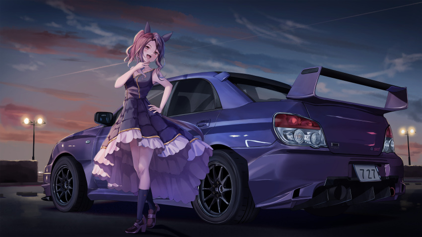 1girl absurdres animal_ears bow brown_hair car clouds commentary commission ear_covers evening ground_vehicle hair_bow highres horse_ears horse_girl horse_tail king_halo_(umamusume) lamppost license_plate long_hair motor_vehicle outdoors png_pant_(bus) red_eyes skeb_commission sky solo spoiler_(automobile) sports_car subaru_(brand) subaru_impreza tail umamusume