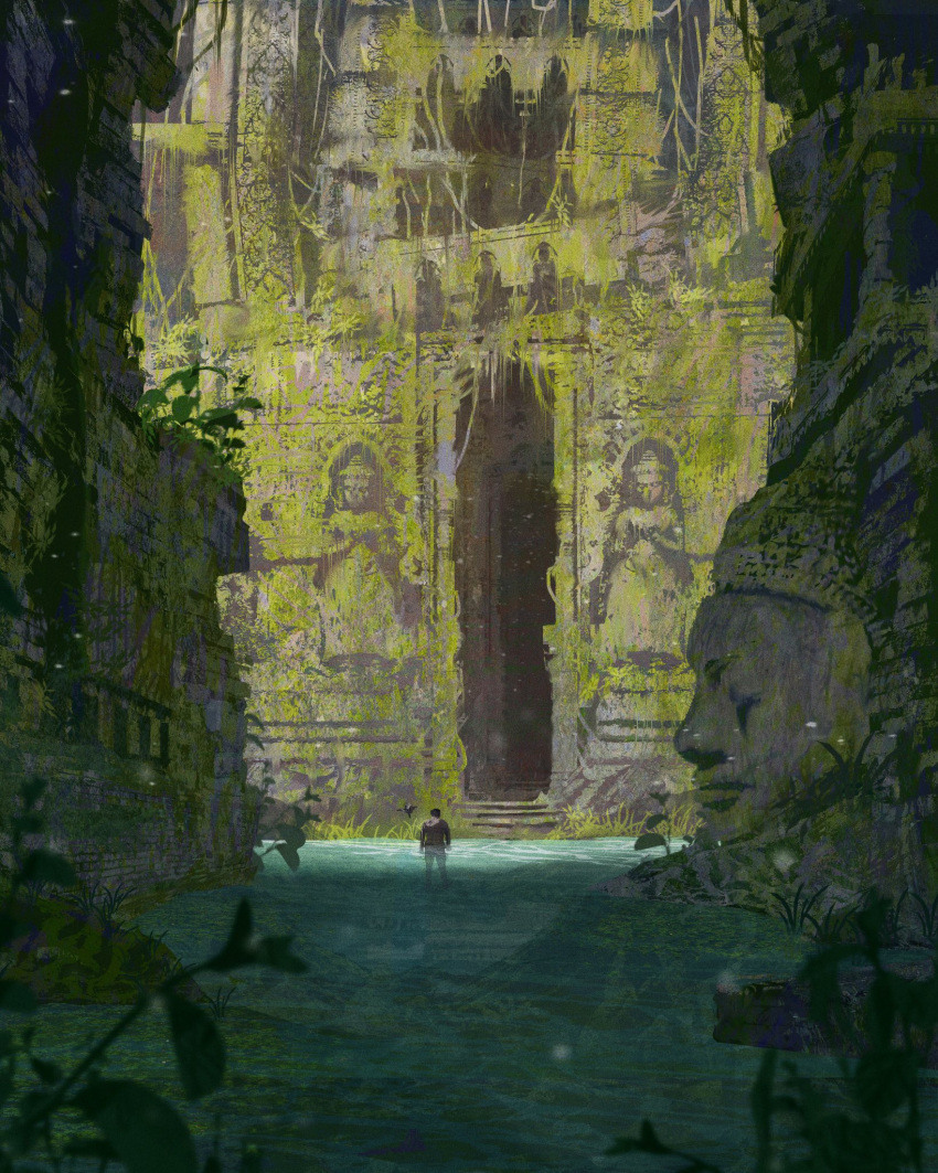 1boy buddha commentary entrance from_behind highres nature original plant ruins scenery sinsin08051 solo stairs standing statue very_wide_shot vines wading water