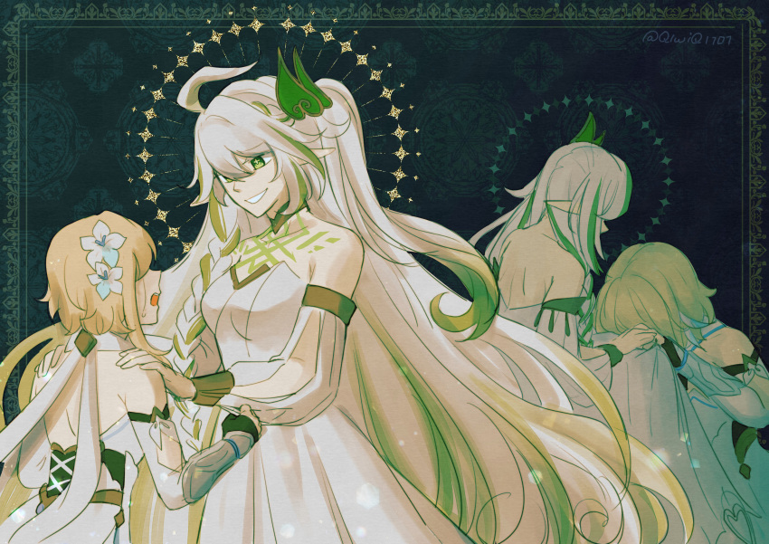 2girls absurdres ahoge bangs bare_shoulders blonde_hair braid breasts choker closed_mouth crying detached_sleeves dress english_commentary flower genshin_impact green_eyes hair_flower hair_ornament hands_on_another's_shoulders highres long_hair long_sleeves lumine_(genshin_impact) medium_breasts multiple_girls nahida_(genshin_impact) pointy_ears qiwiq rukkhadevata_(genshin_impact) shoulder_tattoo smile solo spoiler tattoo very_long_hair white_dress white_hair