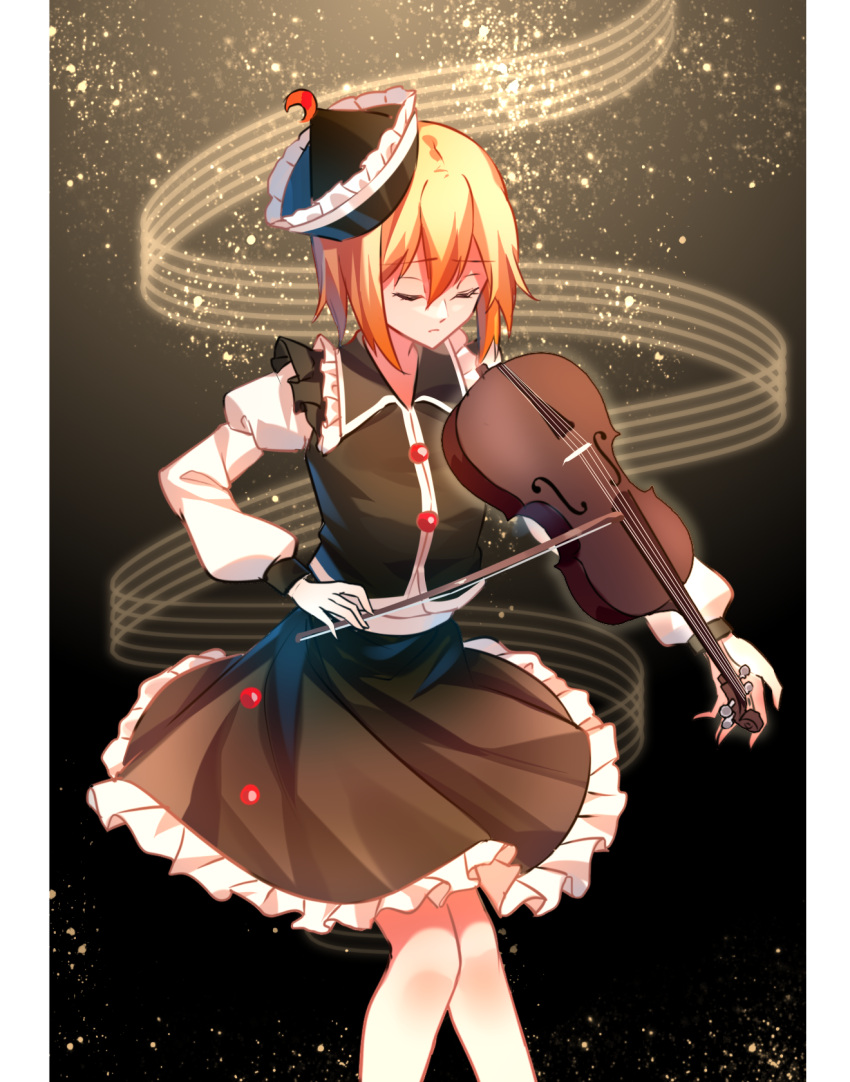 1girl bangs black_headwear black_skirt black_vest blonde_hair bow_(music) closed_eyes closed_mouth commentary_request crescent crescent_hat_ornament expressionless feet_out_of_frame frilled_skirt frills hair_between_eyes hat hat_ornament highres holding holding_instrument instrument juliet_sleeves long_sleeves lunasa_prismriver minuo music pillarboxed playing_instrument puffy_sleeves shirt short_hair skirt skirt_set solo staff_(music) touhou vest violin white_shirt