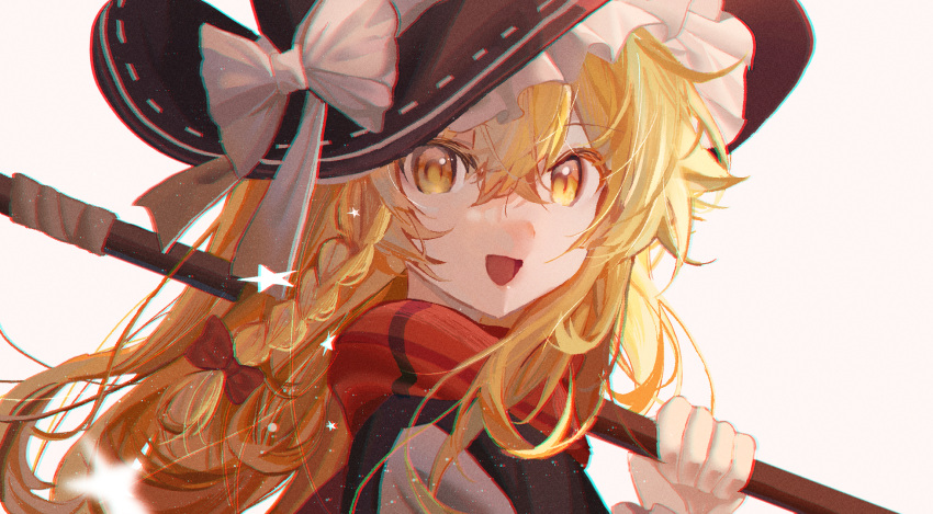 1girl :d black_headwear black_vest blonde_hair bow braid broom coumibuzzbuzz hair_between_eyes hair_bow hat hat_bow highres holding holding_broom kirisame_marisa long_hair looking_at_viewer open_mouth portrait red_bow red_scarf scarf simple_background single_braid smile solo star_(symbol) touhou vest white_background white_bow yellow_eyes