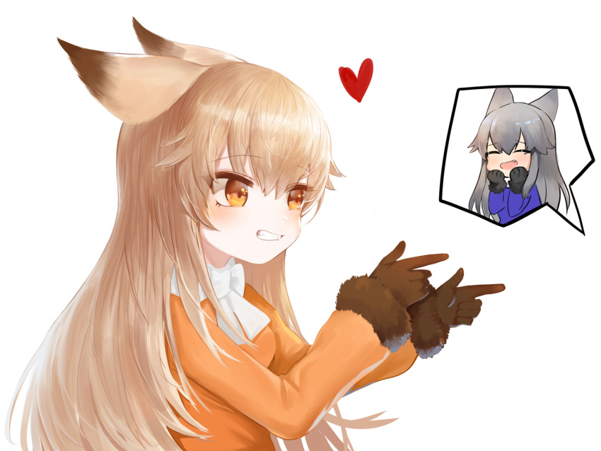 2girls animal_ears bangs black_gloves blonde_hair blue_shirt brown_eyes brown_gloves closed_eyes dokomon ezo_red_fox_(kemono_friends) finger_gun fox_ears fur-trimmed_sleeves fur_trim gloves grey_hair grin hair_between_eyes heart highres kemono_friends multiple_girls orange_shirt shirt silver_fox_(kemono_friends) smile upper_body