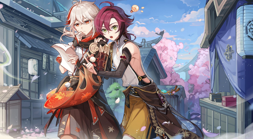 2boys ahoge aiguillette bandaged_arm bandaged_hand bandages blue_sky cherry_blossoms clouds genshin_impact grey_hair hair_between_eyes hakama hakama_shorts hand_on_another's_shoulder highres japanese_clothes jitte kaedehara_kazuha light_bulb low_ponytail mahou7 male_focus mole mole_under_eye multicolored_hair multiple_boys open_mouth red_eyes redhead shikanoin_heizou shorts sky streaked_hair village vision_(genshin_impact) weapon