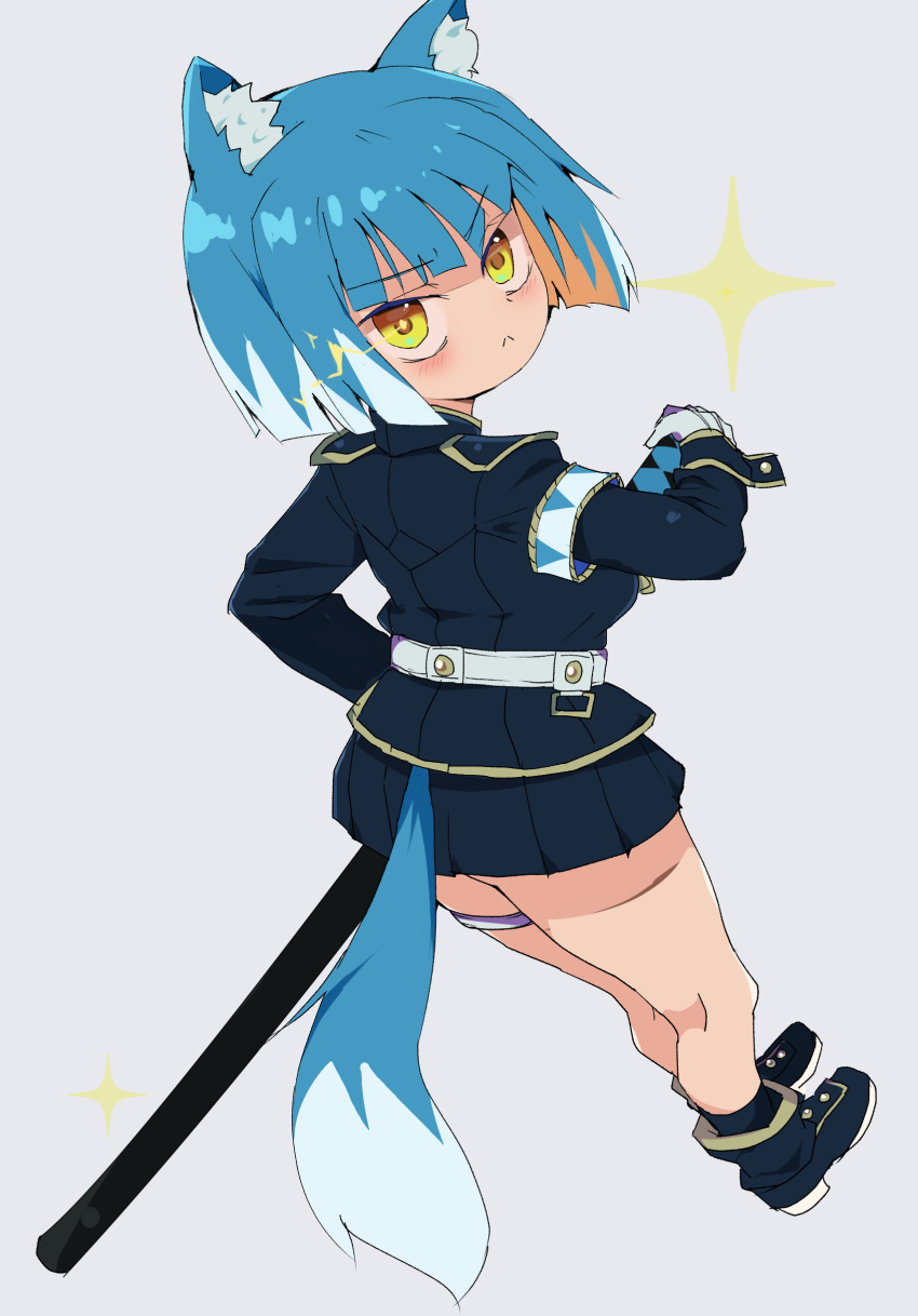 1girl :&lt; absurdres animal_ear_fluff animal_ears armband asagi_(bombergirl) bangs black_footwear black_skirt black_socks blue_hair blue_tail blush bombergirl closed_mouth colored_inner_hair full_body gloves highres katana legs_together long_sleeves miniskirt multicolored_hair multicolored_tail orange_hair pleated_skirt sasaki_rindou short_hair simple_background skirt socks solo sparkle standing sword tail thigh_strap two-tone_tail v-shaped_eyebrows weapon white_background white_gloves white_hair white_tail wolf_ears wolf_girl wolf_tail yellow_eyes