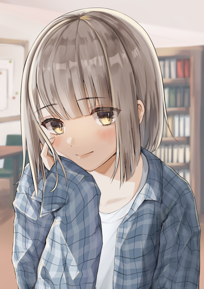 1girl absurdres blush bookshelf grey_hair hand_on_own_face hand_up head_rest highres indoors itou_konnyaku lips looking_at_viewer open_clothes open_shirt original plaid plaid_shirt shirt short_hair sleeves_past_wrists solo upper_body yellow_eyes