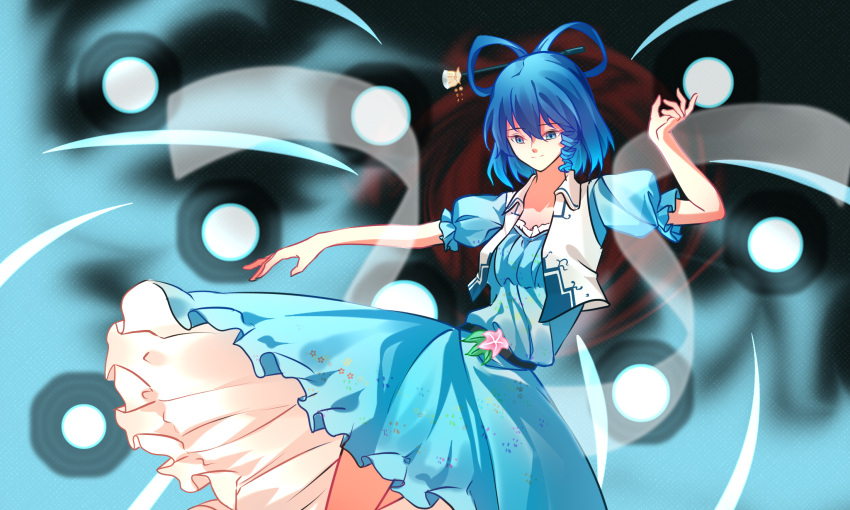 1girl bangs belt black_belt blue_background blue_dress blue_eyes blue_hair blue_vest breasts closed_mouth collared_vest commentary_request danmaku dress drill_locks feet_out_of_frame flower hagoromo hair_between_eyes hair_ornament hair_rings hair_stick highres kaku_seiga looking_at_viewer minuo open_clothes open_vest pink_flower puffy_short_sleeves puffy_sleeves shawl short_sleeves small_breasts smile solo touhou vest white_vest