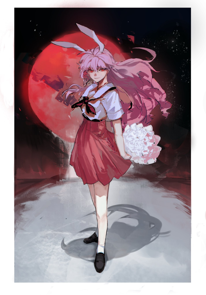 1girl animal_ears bangs black_footwear bouquet closed_mouth flower full_body full_moon highres holding holding_bouquet loafers long_hair looking_at_viewer moon neckerchief pink_hair pink_skirt pleated_skirt rabbit_ears red_eyes red_moon red_neckerchief reisen_udongein_inaba rose school_uniform serafuku shadow shoes skirt smile solo standing tokinhr touhou white_flower white_rose
