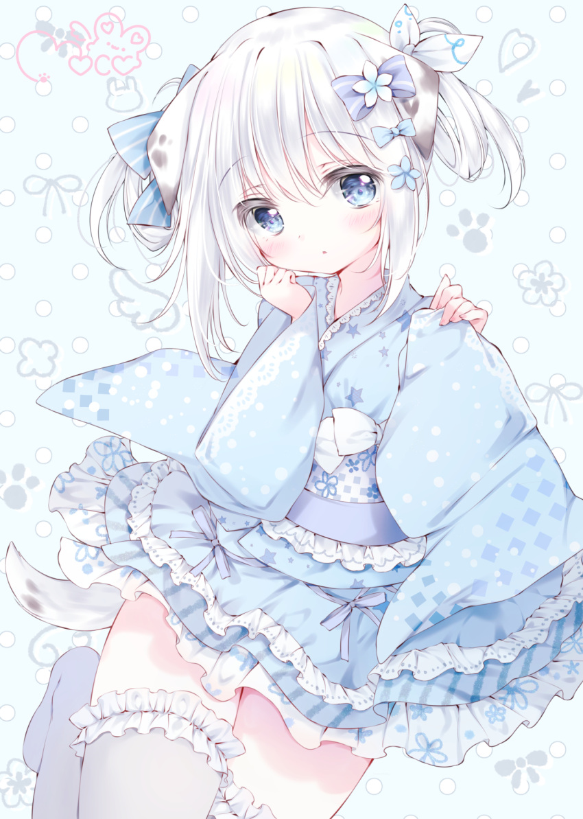 1girl blue_eyes bow colored_skin dress floral_background floral_print flower frilled_dress frills hair_flower hair_ornament highres japanese_clothes kimono lace_trim long_hair moco_ofuton original pale_skin polka_dot polka_dot_background ribbon signature thigh-highs thighs white_hair white_skin